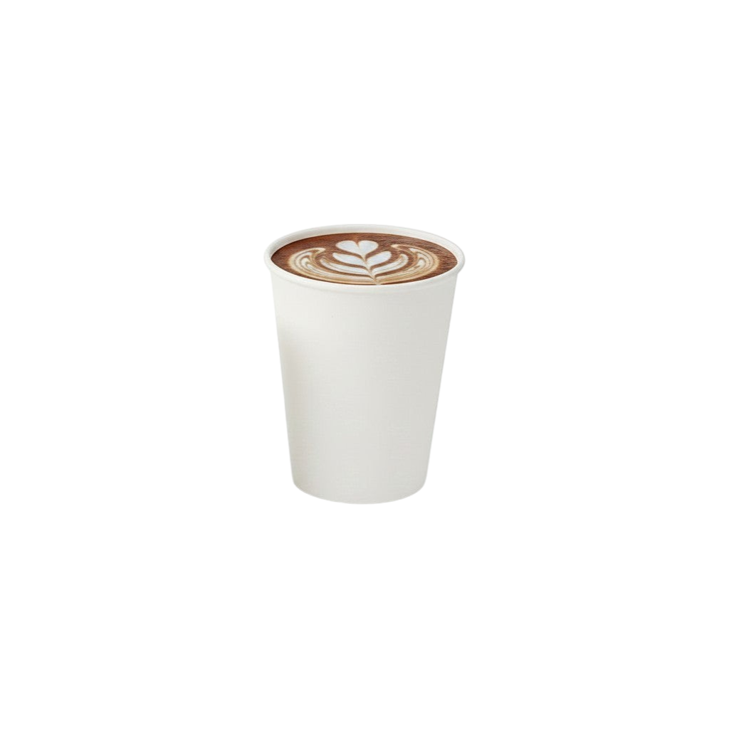 Food Packaging Direct white single wall paper cups in four sizes filled with coffee and topped with whipped cream