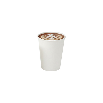 Food Packaging Direct white single wall paper cups in four sizes filled with coffee and topped with whipped cream