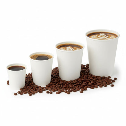 Food Packaging Direct white single wall paper coffee cups in four different sizes filled with hot drinks on coffee beans