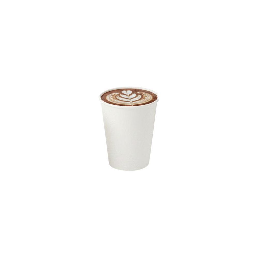 Food Packaging Direct white single wall paper cups in four sizes filled with coffee and topped with whipped cream