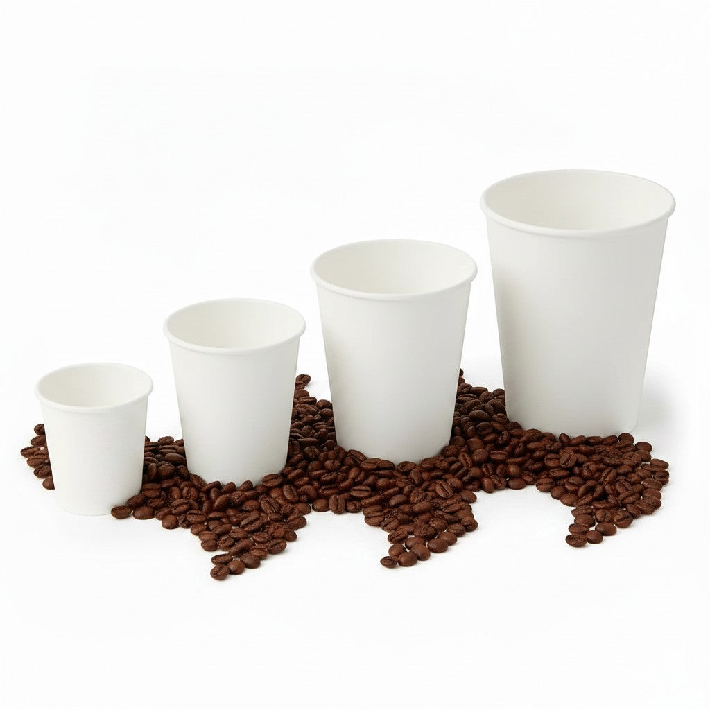 Food Packaging Direct white single wall paper cups in four sizes arranged on a bed of roasted coffee beans.