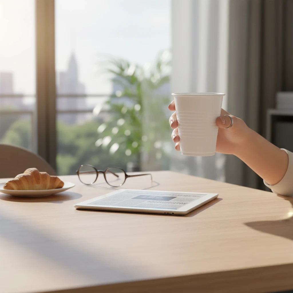 Food Packaging Direct 7oz white disposable plastic water cup held by a person at a table with a croissant and tablet