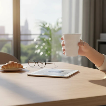 Food Packaging Direct 7oz white disposable plastic water cup held by a person at a table with a croissant and tablet