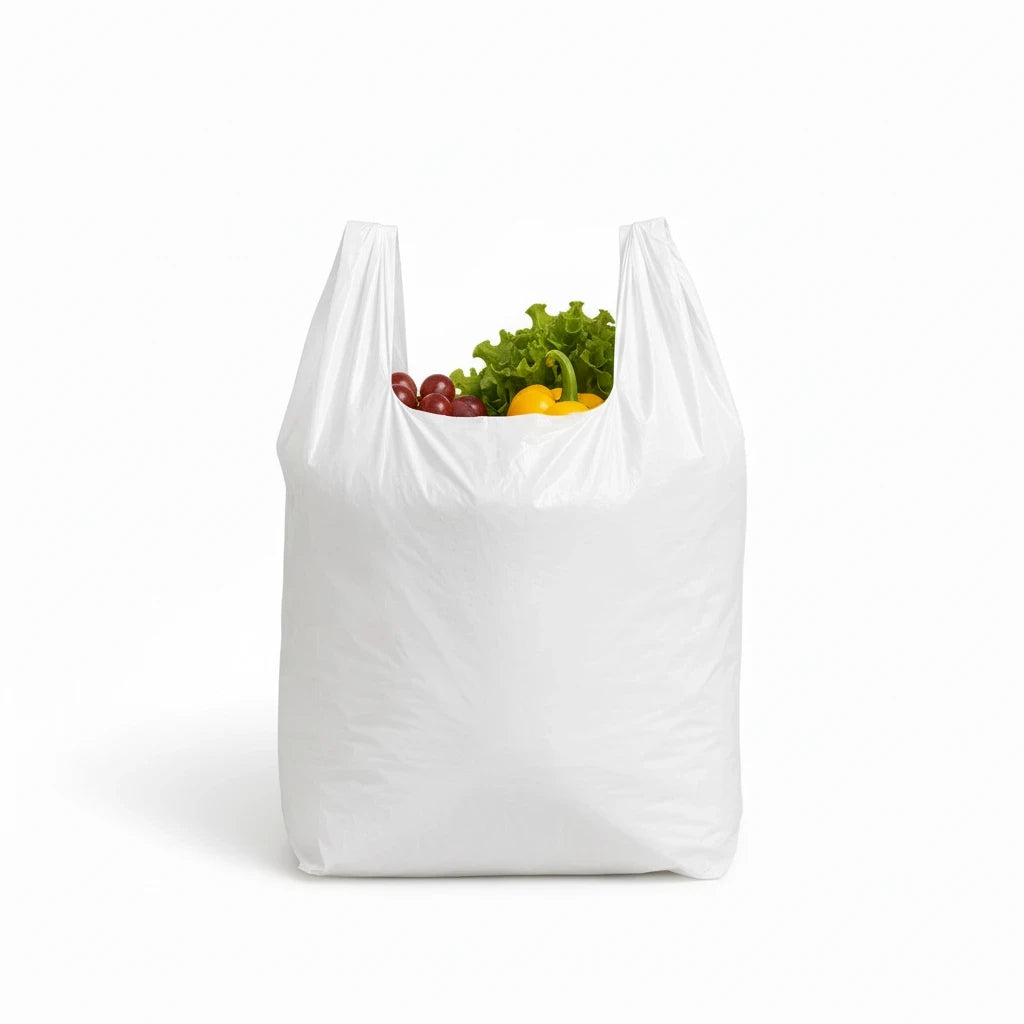 Food Packaging Direct white high-density polythene vest carrier bag filled with fresh vegetables and fruit