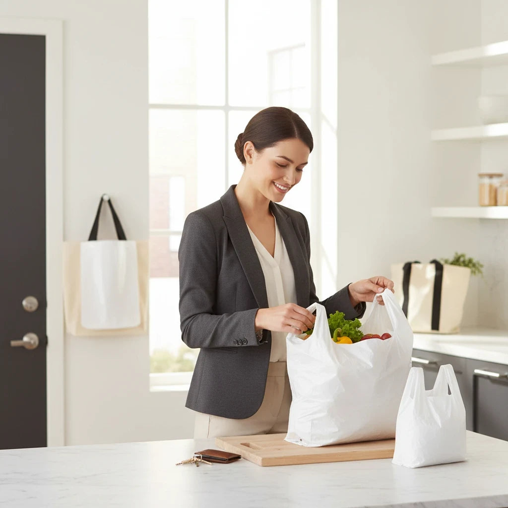 Food Packaging Direct white plastic vest carrier bags being packed with fresh produce by a woman in a kitchen