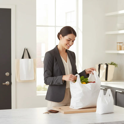 Food Packaging Direct white plastic vest carrier bags being packed with fresh produce by a woman in a kitchen