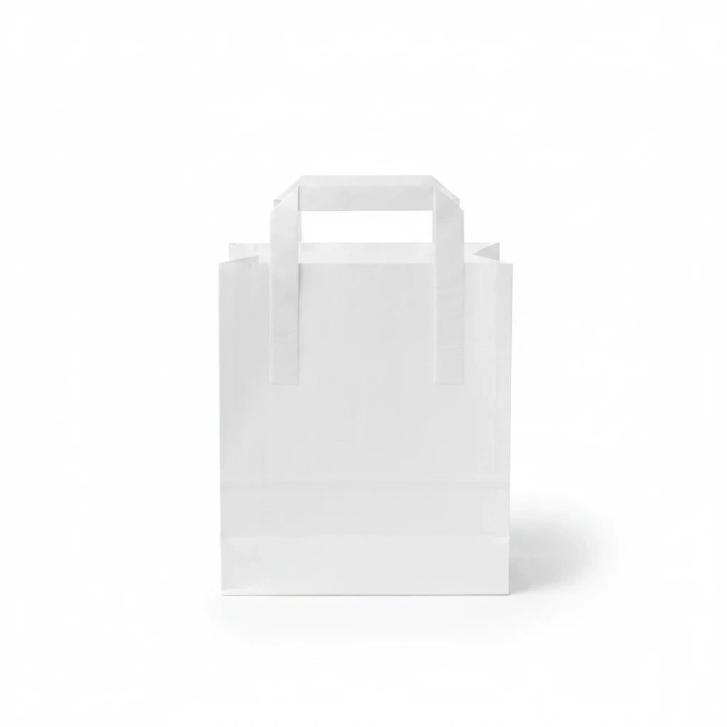 Food Packaging Direct white SOS paper carrier bag with flat base and sturdy handles for retail or food takeaway