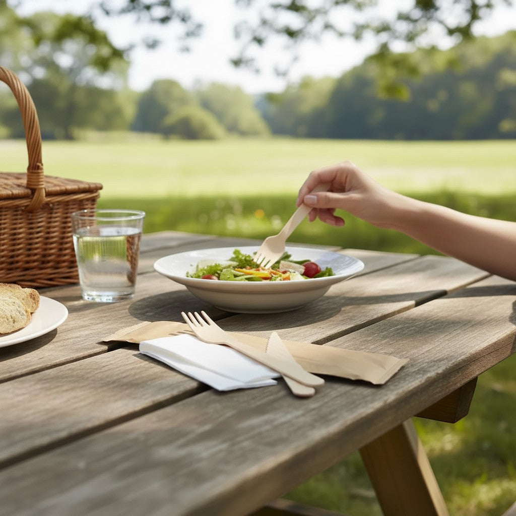 Food Packaging Direct 3-in-1 wooden cutlery set with fork, knife, and napkin on a picnic table with a salad.