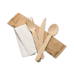 Food Packaging Direct 4-in-1 wooden cutlery set including a fork, knife, spoon, and napkin in a paper sleeve.