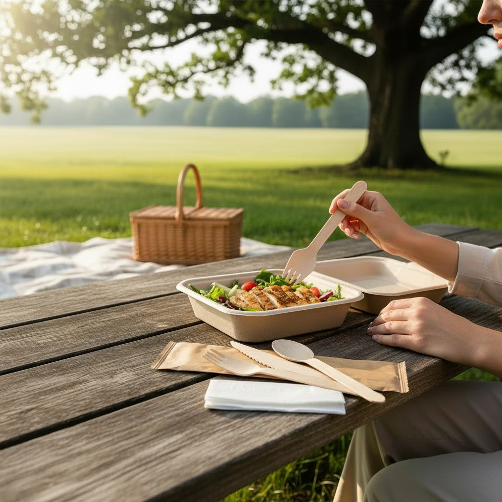 Food Packaging Direct 4-in-1 wooden cutlery set with fork, spoon, knife, and napkin on a picnic table with salad