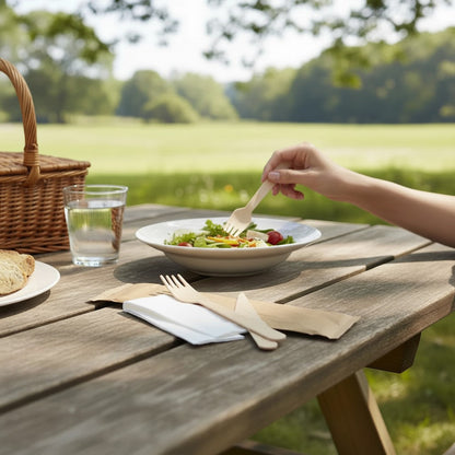 Food Packaging Direct 3-in-1 wooden cutlery set with fork, knife, and napkin on a picnic table with a salad.