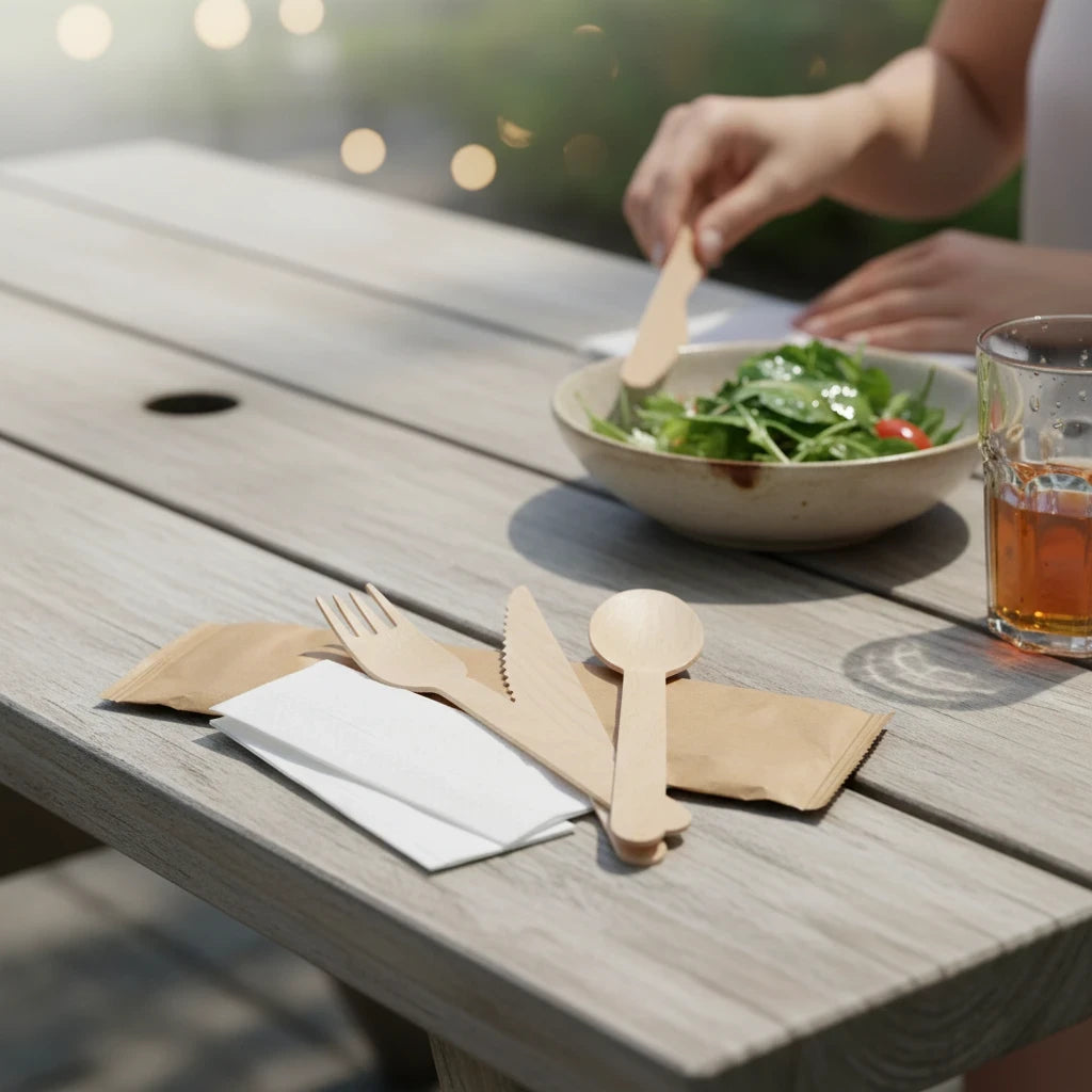 Food Packaging Direct 4-in-1 wooden cutlery set with fork, knife, spoon, and napkin on a wooden outdoor table.