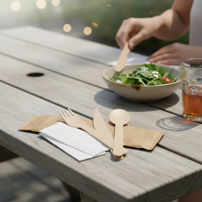 Food Packaging Direct 4-in-1 wooden cutlery set with fork, knife, spoon, and napkin on a wooden outdoor table.