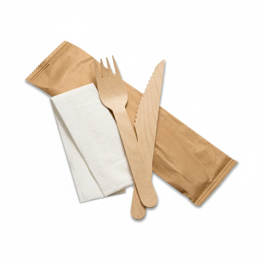 Food Packaging Direct 3-in-1 wooden cutlery set including a fork, knife, and white napkin in a brown paper wrapper.