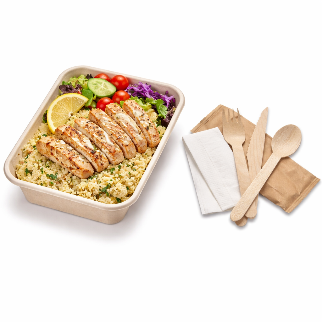 Food Packaging Direct 4-in-1 wooden cutlery set with fork, spoon, knife, and napkin next to a meal in a takeaway box.