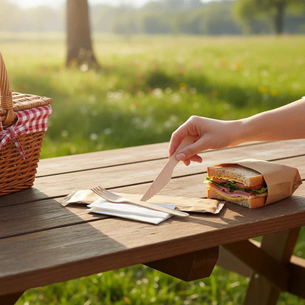 Food Packaging Direct 3-in-1 wooden cutlery set with fork, knife, and napkin on a picnic table next to a sandwich.