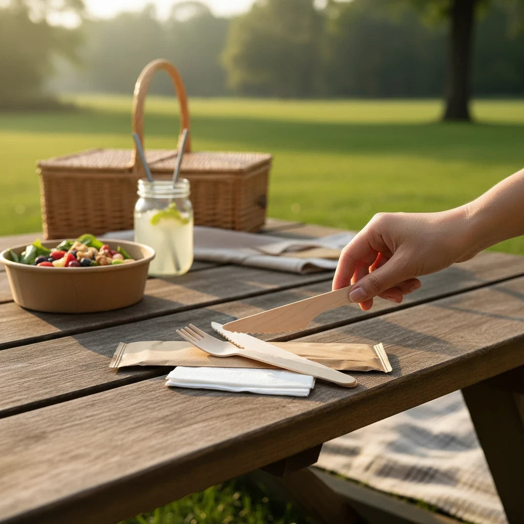 Food Packaging Direct 3-in-1 wooden cutlery set including fork, knife, and napkin on a picnic table.