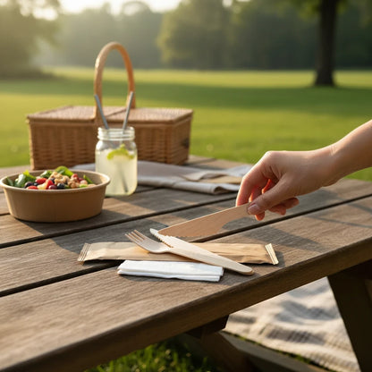 Food Packaging Direct 3-in-1 wooden cutlery set including fork, knife, and napkin on a picnic table.