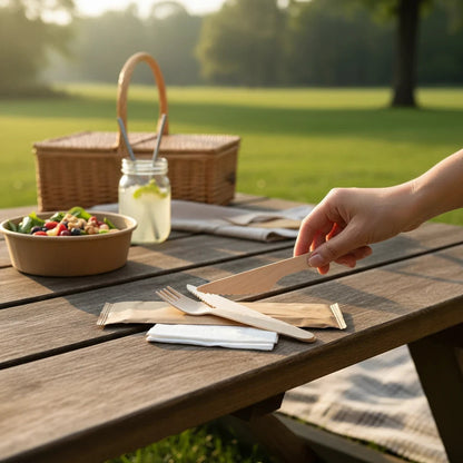 Food Packaging Direct 3-in-1 wooden cutlery set including fork, knife, and napkin on a picnic table.