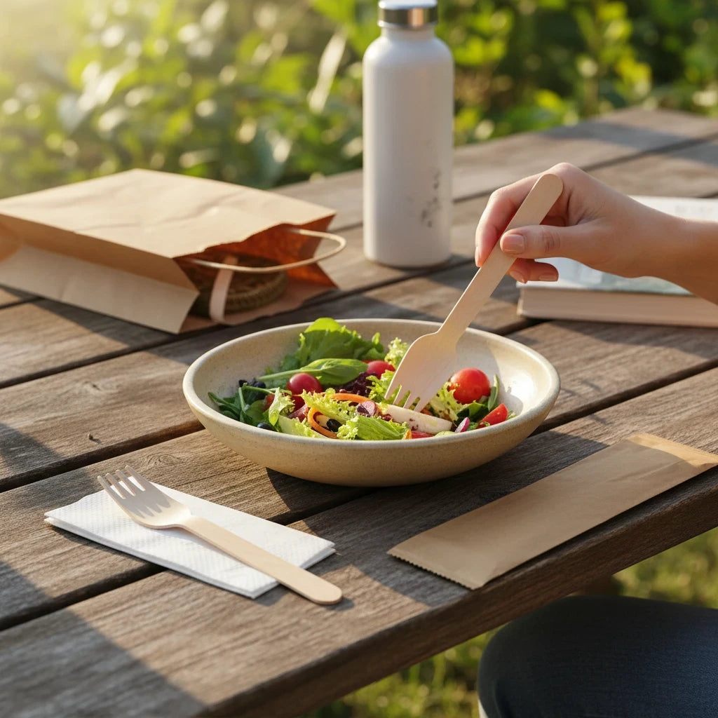 Food Packaging Direct 3-in-1 wooden cutlery set with fork, knife, and napkin on a picnic table with a fresh salad.