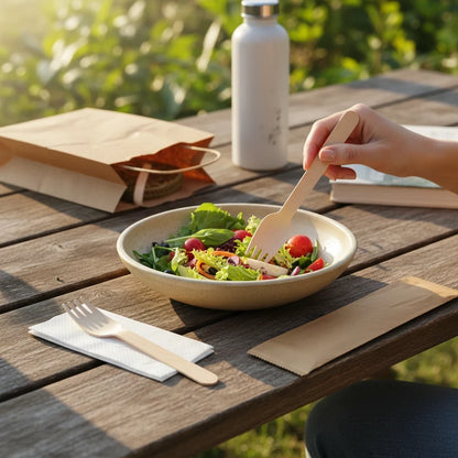 Food Packaging Direct 3-in-1 wooden cutlery set with fork, knife, and napkin on a picnic table with a fresh salad.