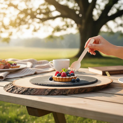 Food Packaging Direct wooden spork held over a berry tart on a rustic wood slice platter at an outdoor picnic.