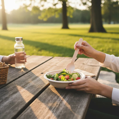 Food Packaging Direct sustainable wooden spork being used to eat a fresh salad at an outdoor picnic table