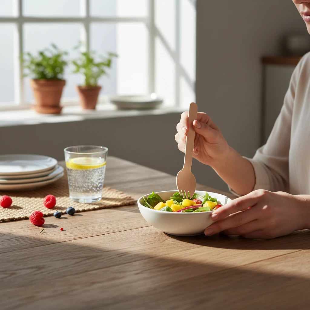 Food Packaging Direct wooden spork being used to eat a fresh salad in a bright, sunlit kitchen setting.