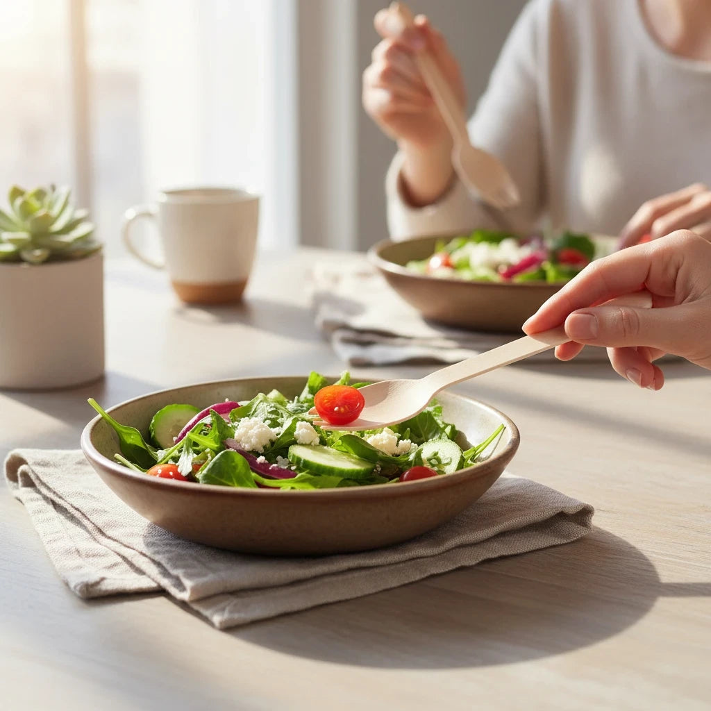 Food Packaging Direct wooden spork being used to eat a fresh salad in a bright, natural dining setting.