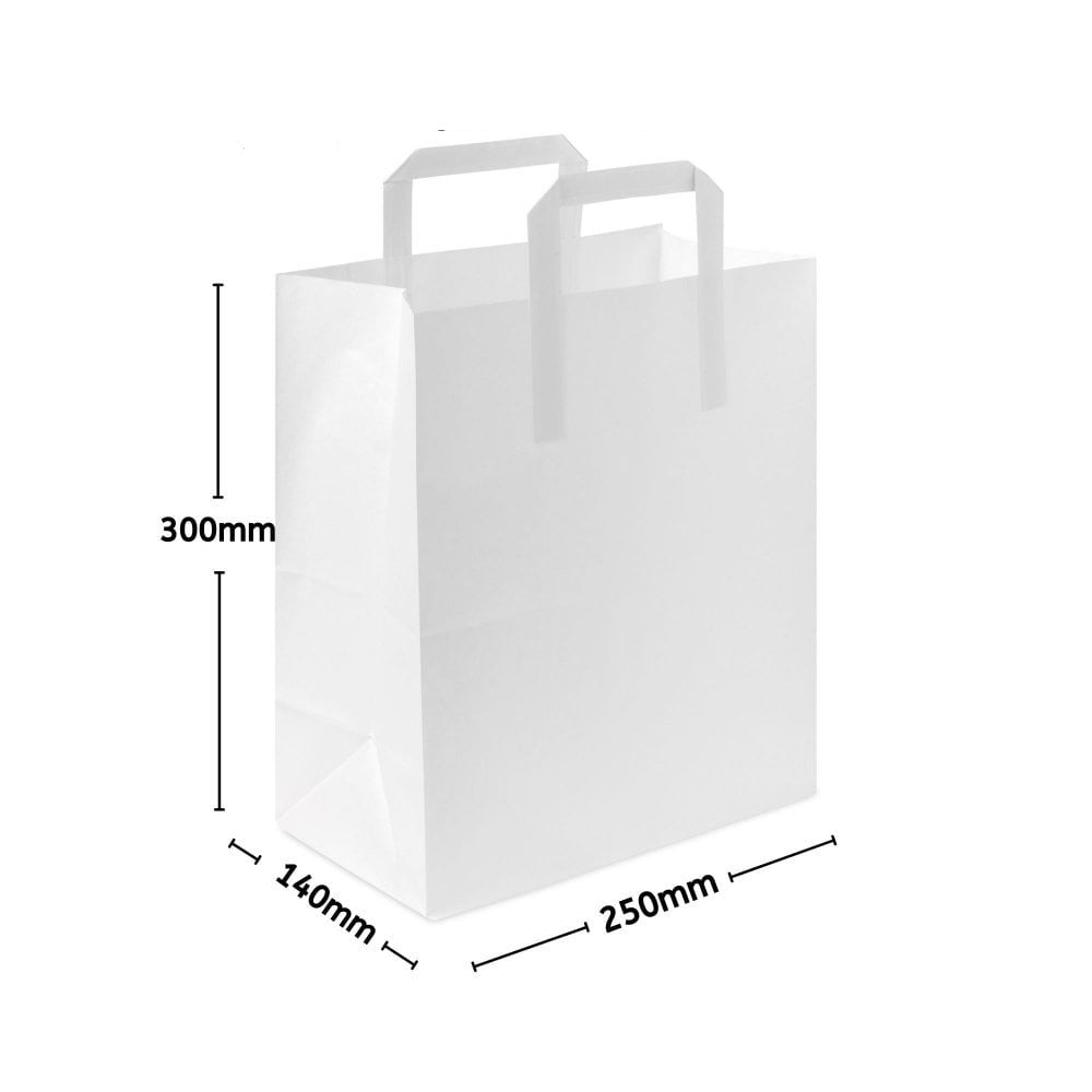 Food Packaging Direct white SOS paper carrier bag with flat base and sturdy handles for retail and takeaway use