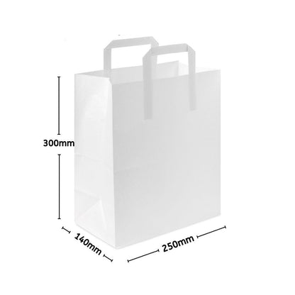 Food Packaging Direct white SOS paper carrier bag with flat base and sturdy handles for retail and takeaway use