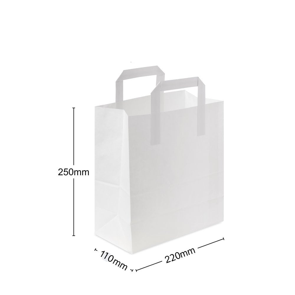 Food Packaging Direct white SOS paper carrier bag with flat base and sturdy handles for retail and food takeaway