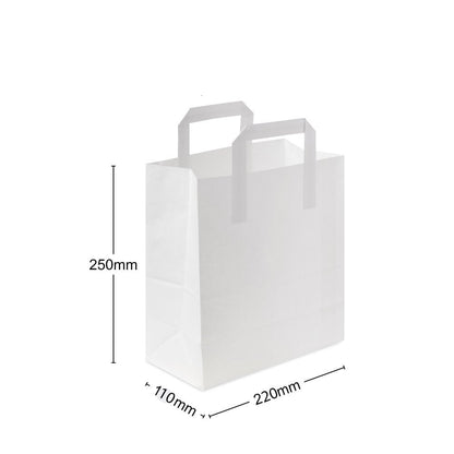 Food Packaging Direct white SOS paper carrier bag with flat base and sturdy handles for retail and food takeaway