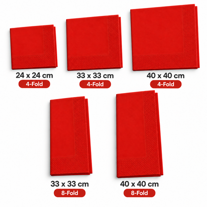 Food Packaging Direct red 2-ply paper napkins in five different sizes and fold styles for catering and dining.