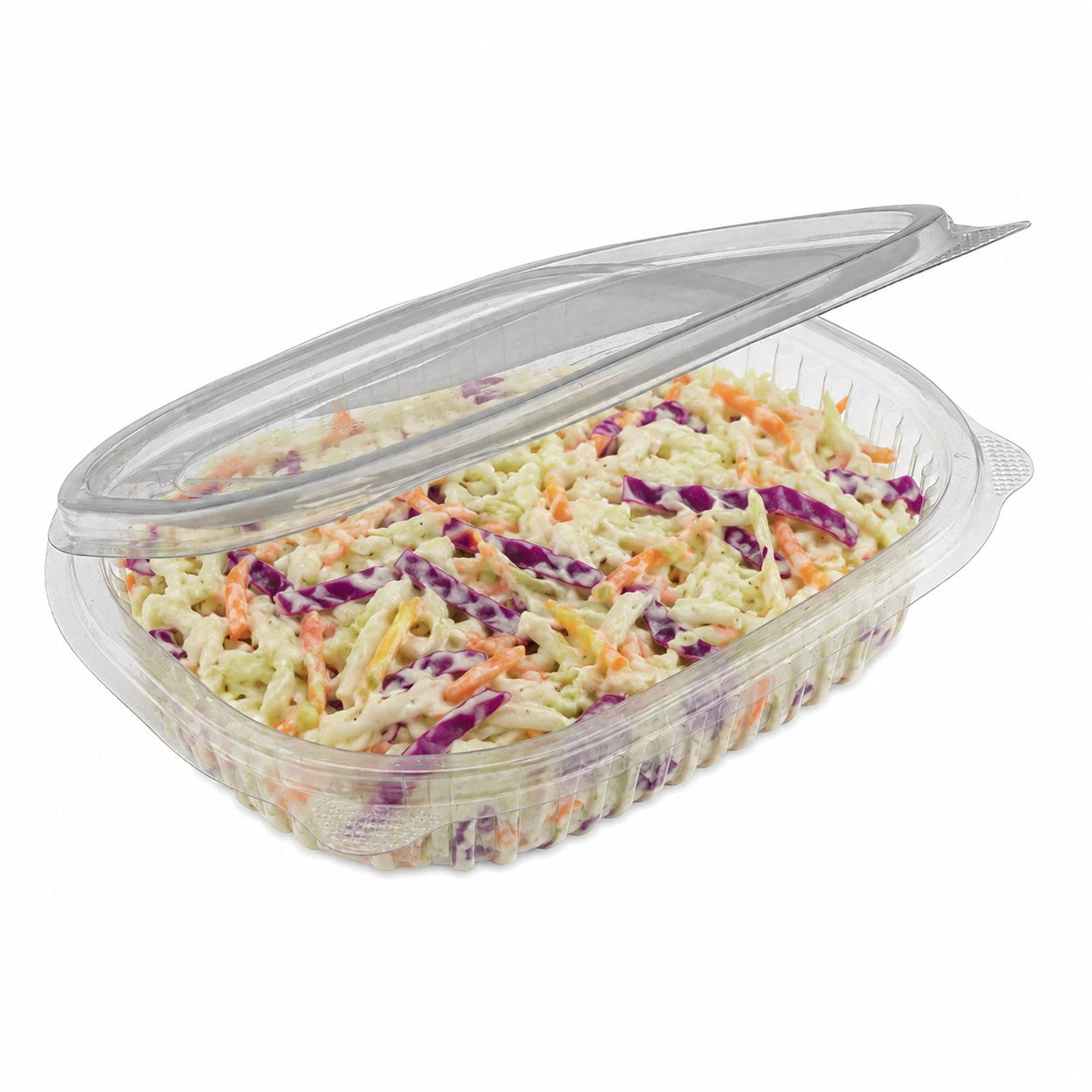 Rihno clear plastic hinged container filled with coleslaw, featuring a durable ribbed design.