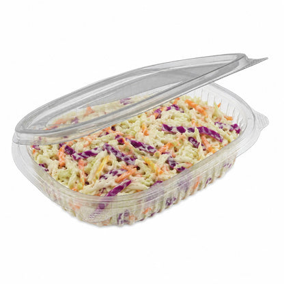 Rihno clear plastic hinged container filled with coleslaw, featuring a durable ribbed design.