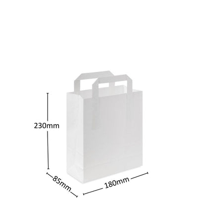 Food Packaging Direct white SOS paper carrier bag with flat base and sturdy handles for retail and takeaway use