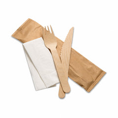 Food Packaging Direct 3-in-1 wooden cutlery pack with a fork, knife, and white napkin in a brown paper wrapper.